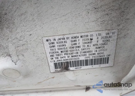 2007 Acura Tsx z USA, uszkodzony, nr VIN JH4CL96997C015635